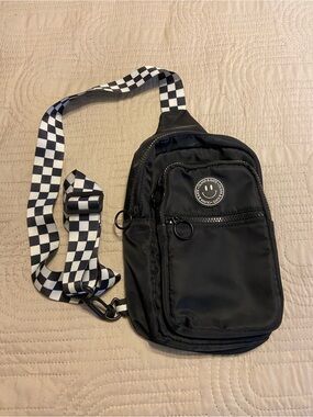 Black Nylon Crossbody Sling Bag with Checkerboard Strap